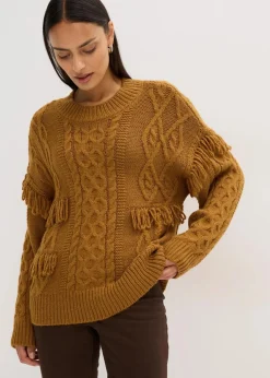 bonprix Bekleidung·Umstandsmode|Bekleidung·Jeans^Oversize-Pullover mit Fransen cognac braun