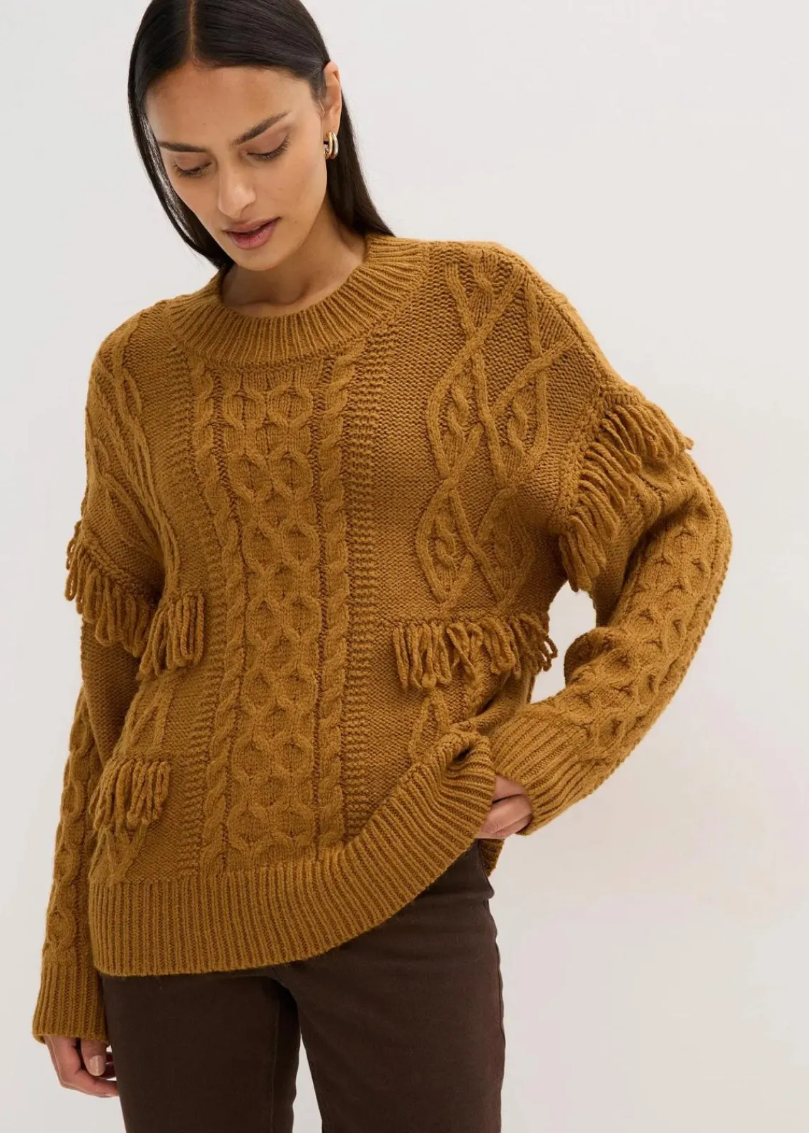 bonprix Bekleidung·Umstandsmode|Bekleidung·Jeans^Oversize-Pullover mit Fransen cognac braun
