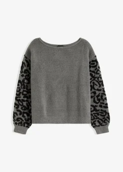 bonprix Bekleidung·Umstandsmode|Bekleidung·Jeans^Oversize-Pullover mit Leo-Muster grau meliert/schwarz leo bedruckt