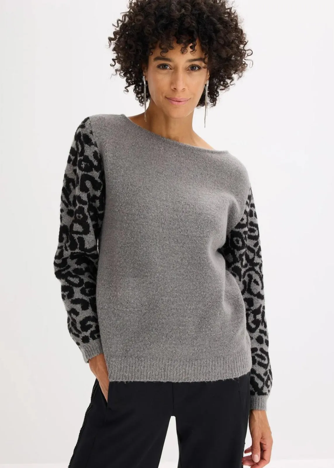 bonprix Bekleidung·Umstandsmode|Bekleidung·Jeans^Oversize-Pullover mit Leo-Muster grau meliert/schwarz leo bedruckt