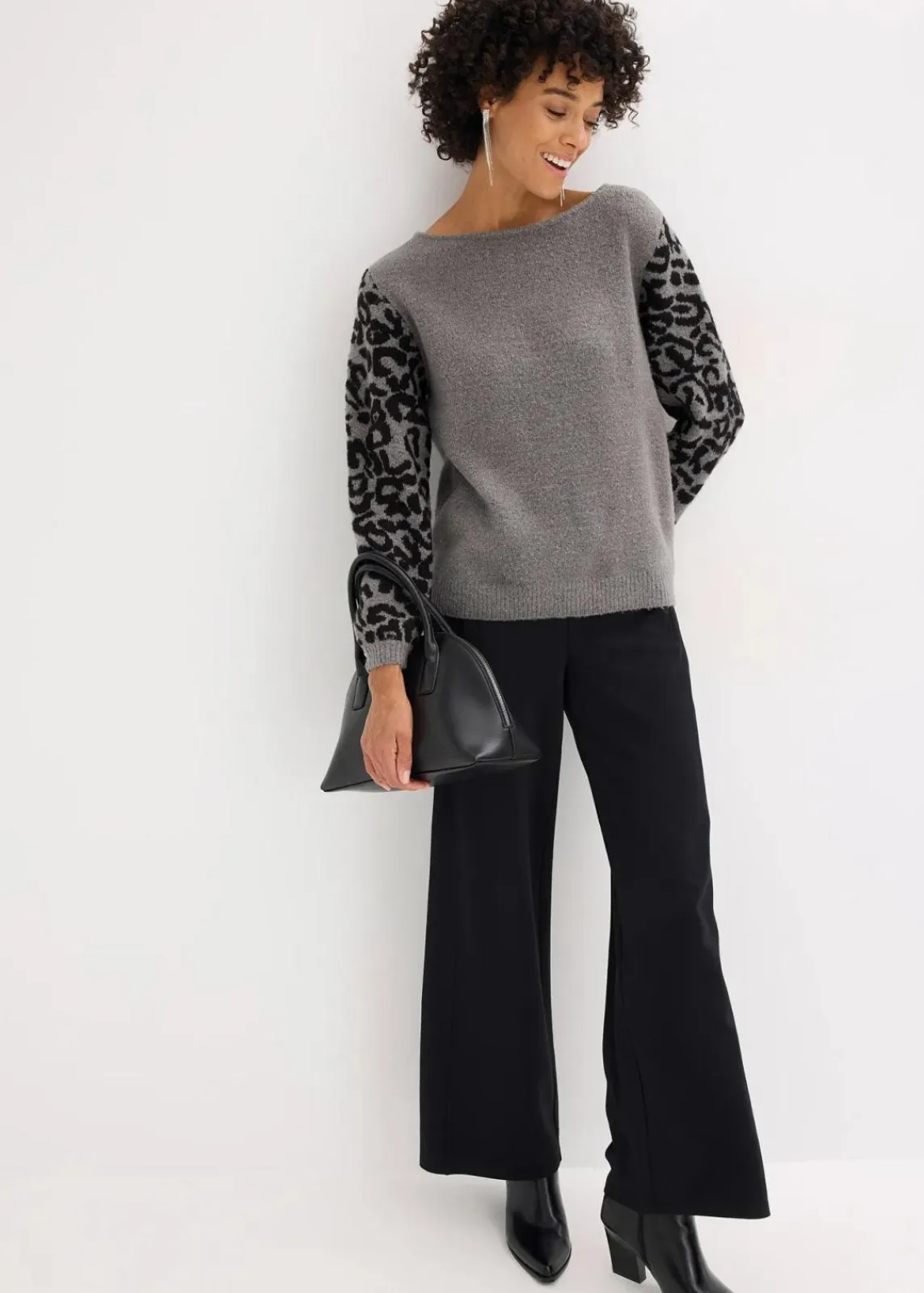 bonprix Bekleidung·Umstandsmode|Bekleidung·Jeans^Oversize-Pullover mit Leo-Muster grau meliert/schwarz leo bedruckt