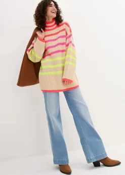 bonprix Bekleidung·Umstandsmode|Bekleidung·Jeans^Oversize-Pullover mit Neonstreifen hellsand/neonorange gestreift