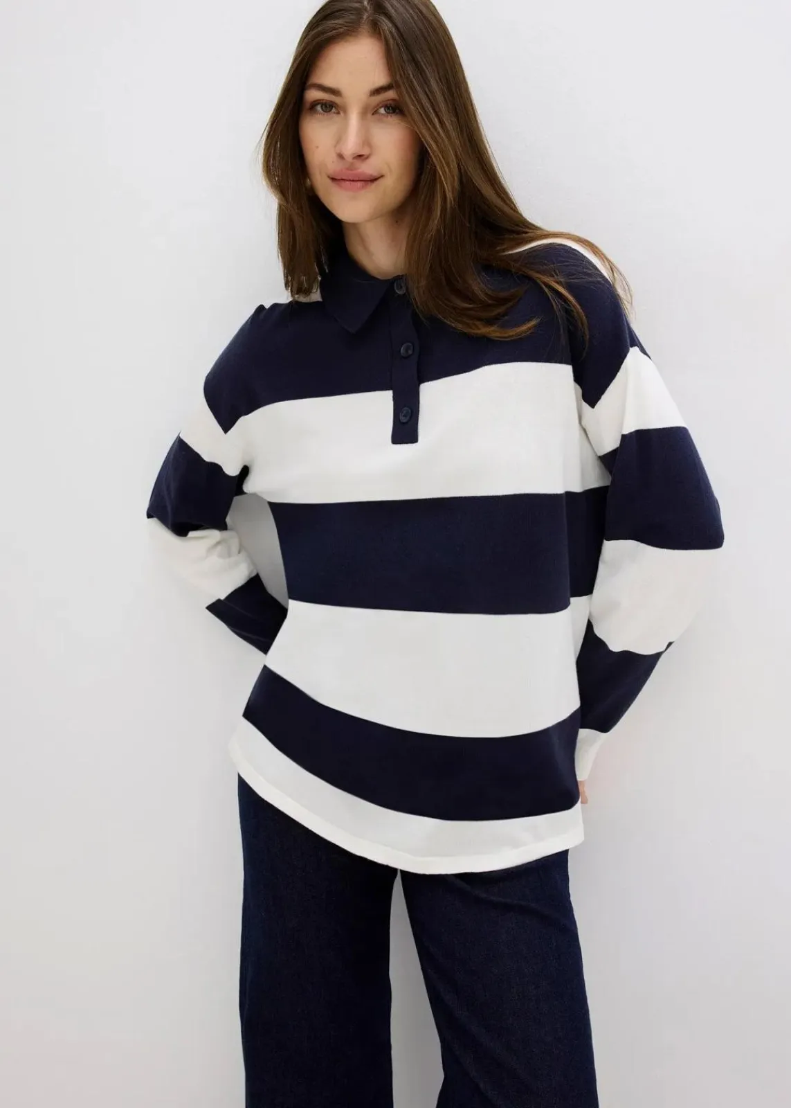 bonprix Strickmode|Pullover & Strickjacken^Oversize-Pullover mit Polokragen dunkelblau/wollweiß gestreift