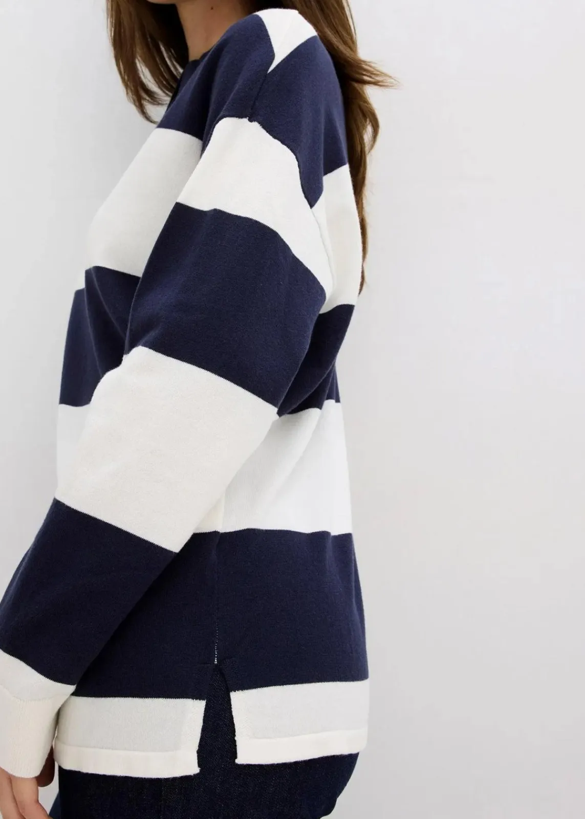 bonprix Strickmode|Pullover & Strickjacken^Oversize-Pullover mit Polokragen dunkelblau/wollweiß gestreift