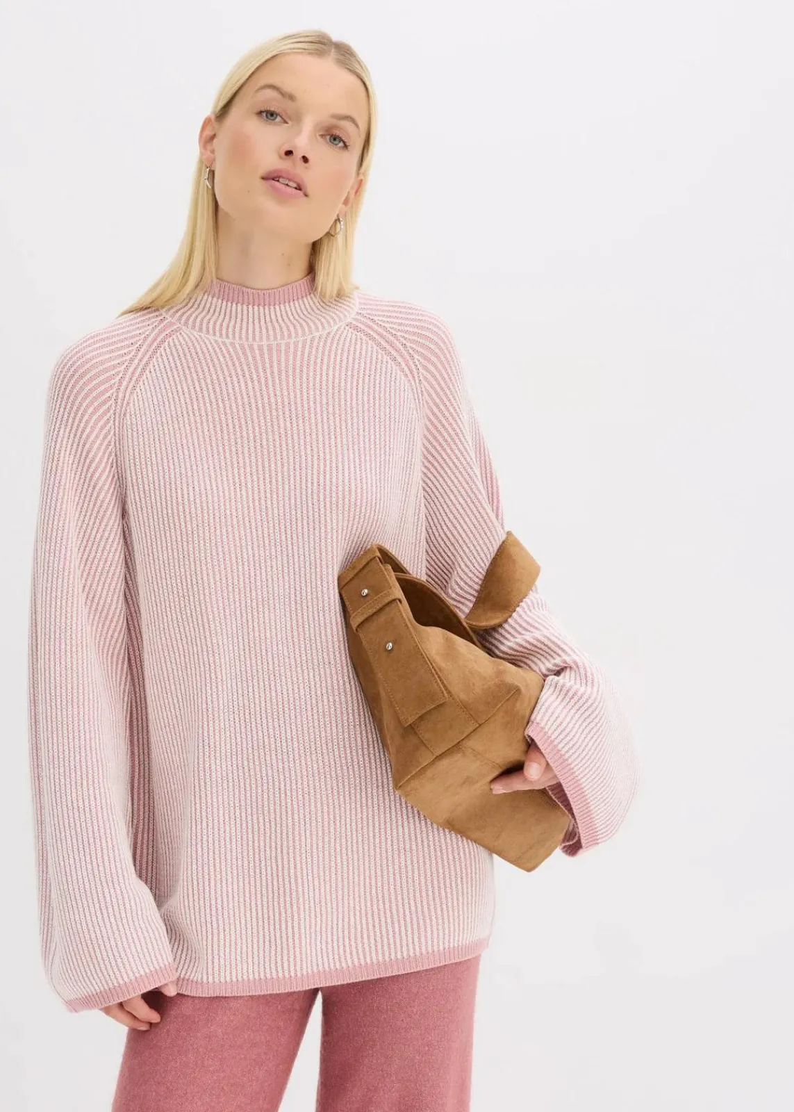 bonprix Bekleidung·Umstandsmode|Strickmode^Oversize-Pullover mit Stehkragen aschrosa meliert
