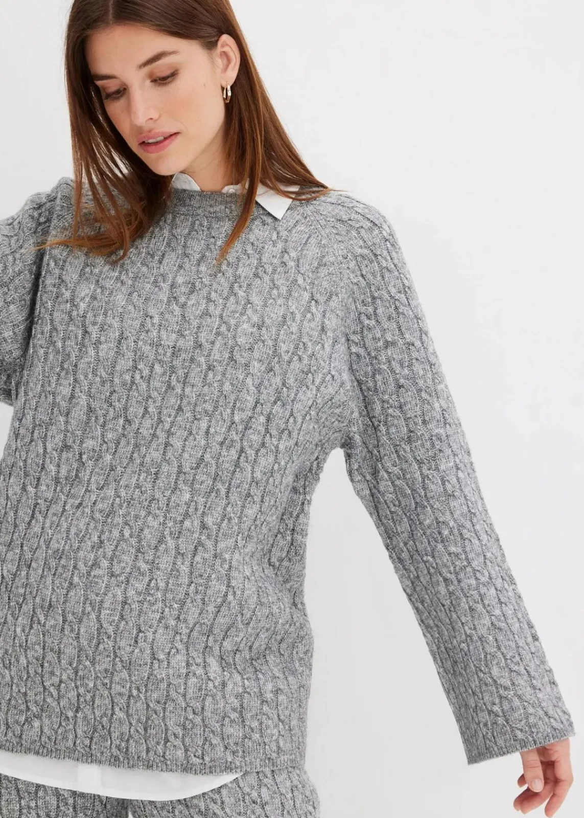 bonprix Bekleidung·Umstandsmode|Bekleidung·Jeans^Oversize-Pullover mit Zopfmuster grau meliert