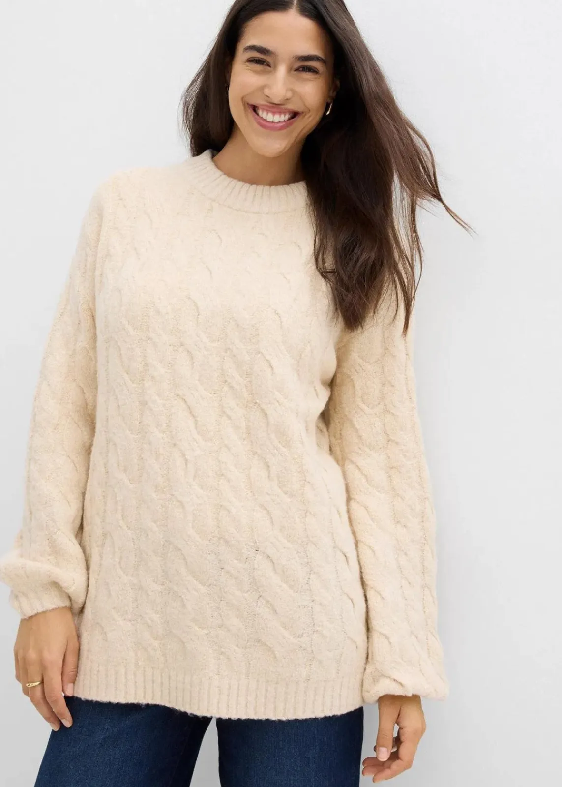 bonprix Bekleidung·Umstandsmode|Bekleidung·Jeans^Oversize-Pullover mit Zopfmuster kieselbeige