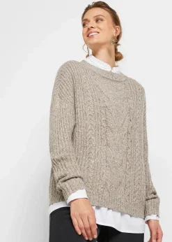 bonprix Bekleidung·Umstandsmode|Strickmode^Oversize-Pullover mit Zopfmuster beige meliert