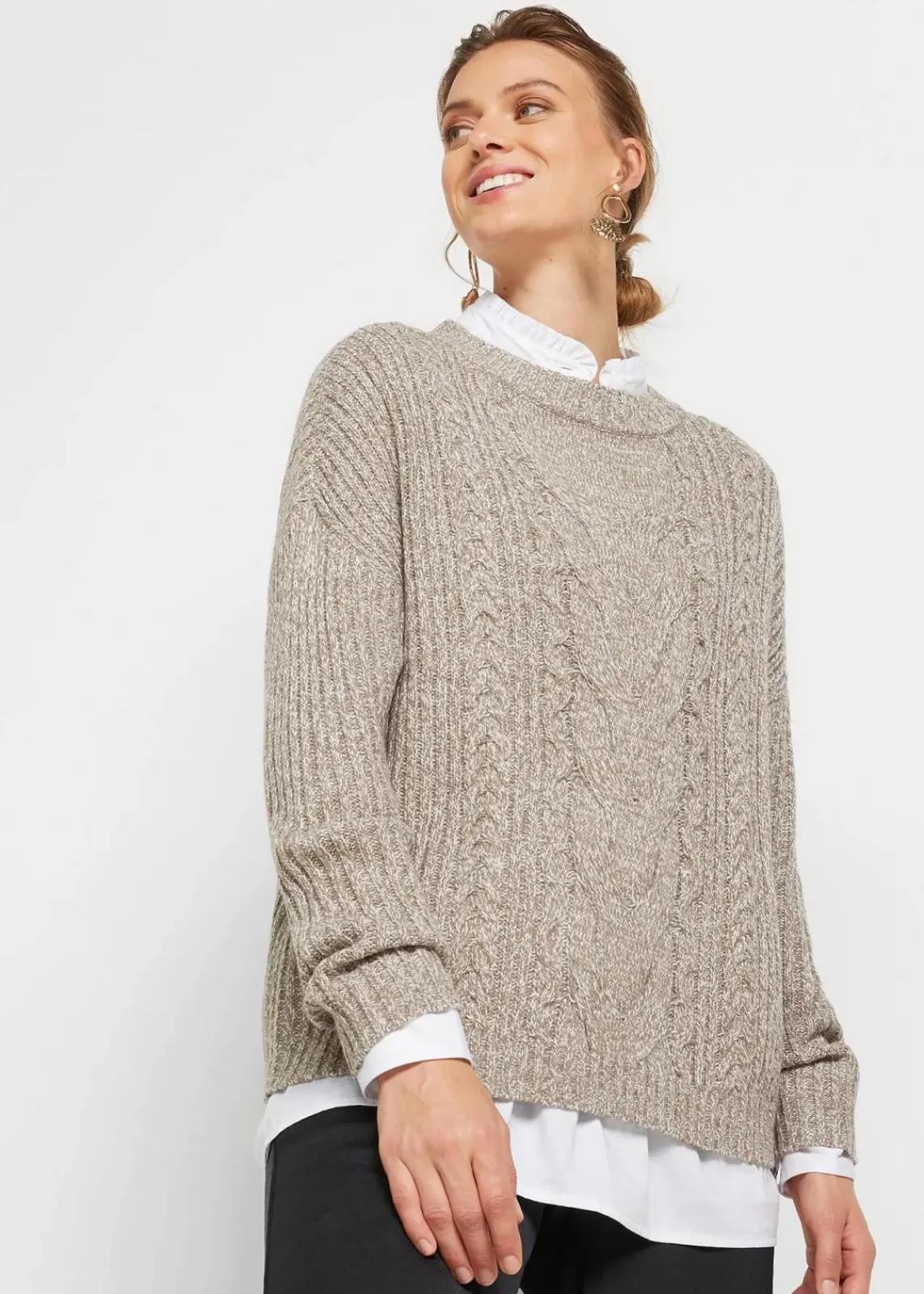 bonprix Bekleidung·Umstandsmode|Strickmode^Oversize-Pullover mit Zopfmuster beige meliert