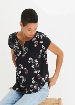 bonprix Shirts & Tops|Nachhaltigere Materialien^Oversize-Shirt aus Baumwoll-Mix schwarz / rosa geblümt