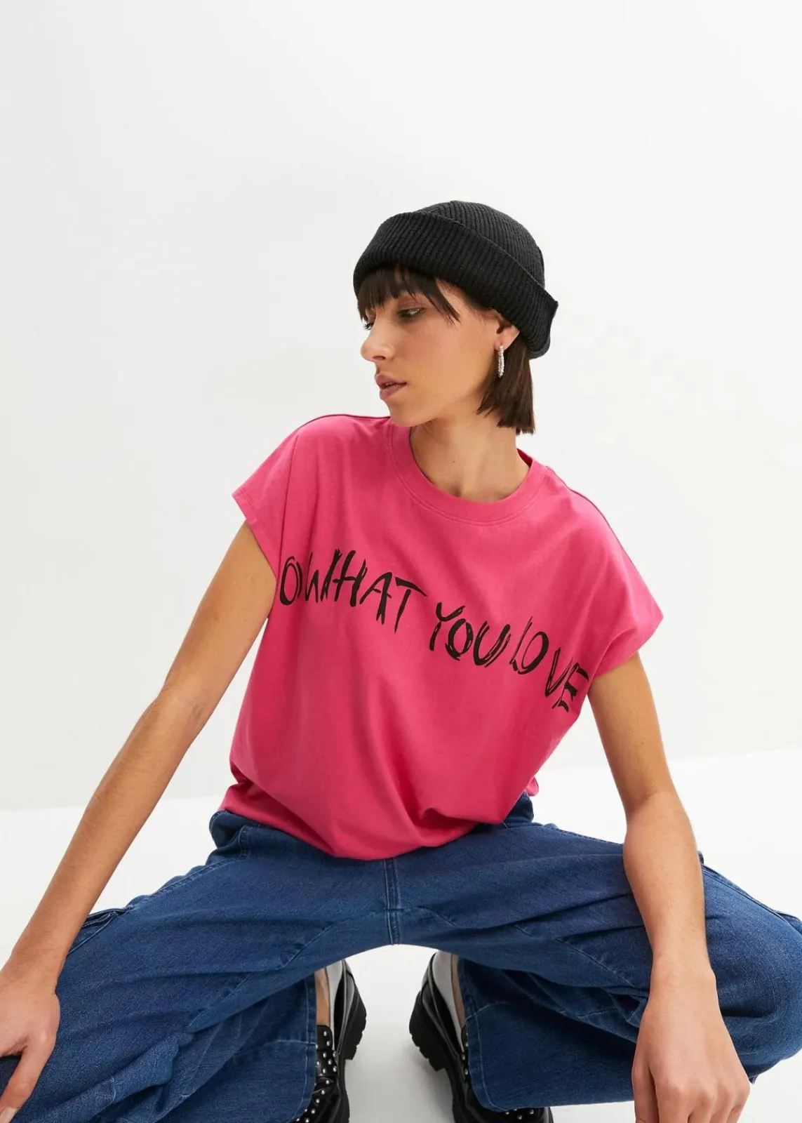 bonprix Shirts & Tops|Nachhaltigere Materialien^Oversize-Shirt aus reiner Bio-Baumwolle pinklady/schwarz bedruckt