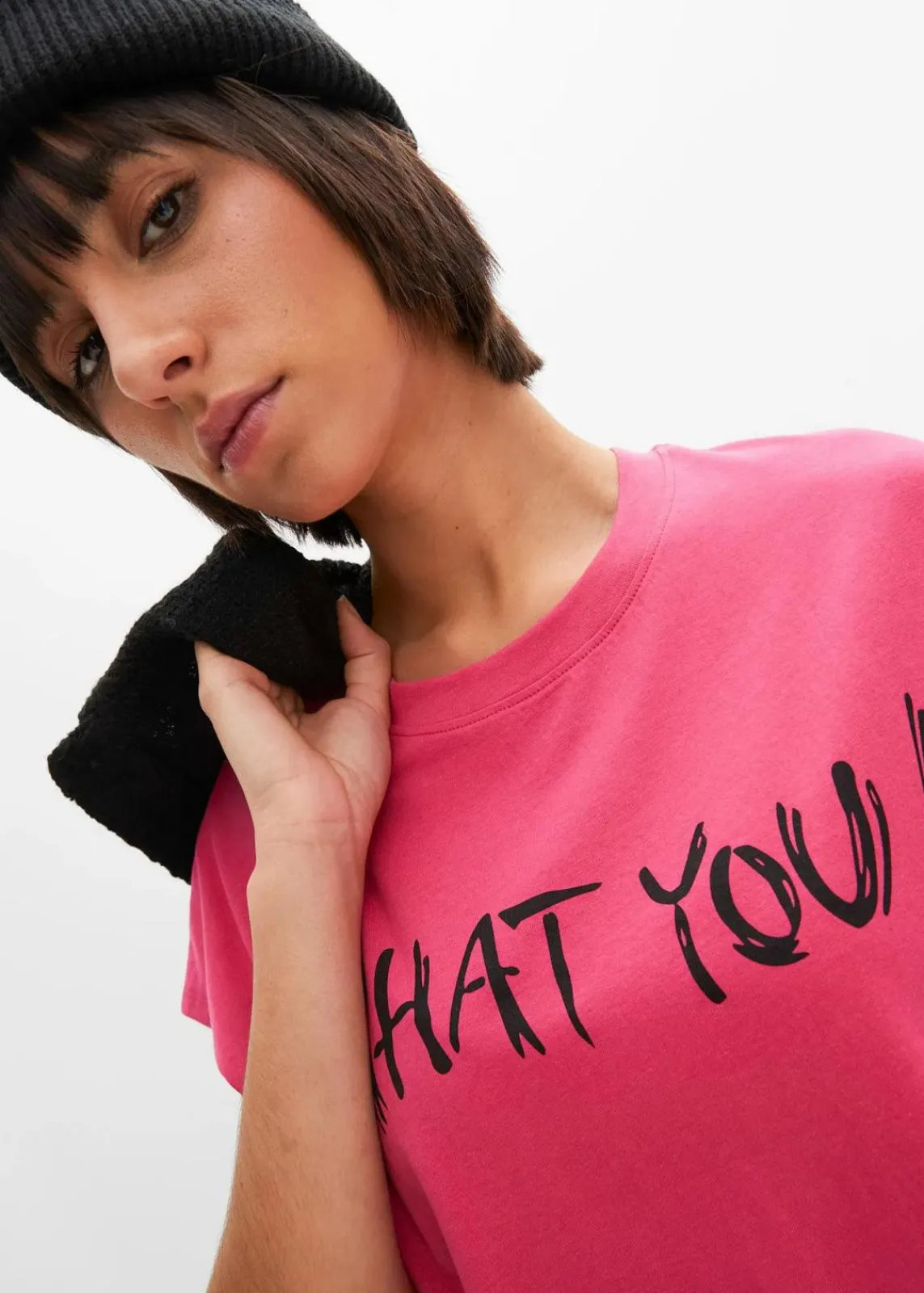 bonprix Shirts & Tops|Nachhaltigere Materialien^Oversize-Shirt aus reiner Bio-Baumwolle pinklady/schwarz bedruckt