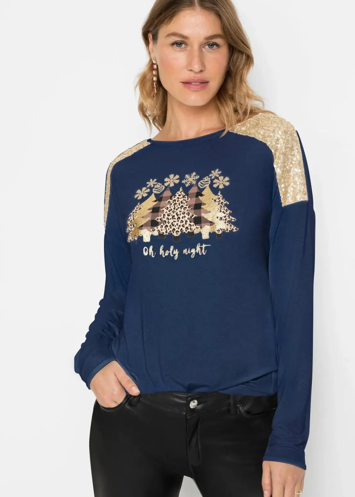 BODYFLIRT boutique Shirts & Tops^Oversize-Shirt mit Weihnachtsmotiv und schönen Pailletten dunkelblau