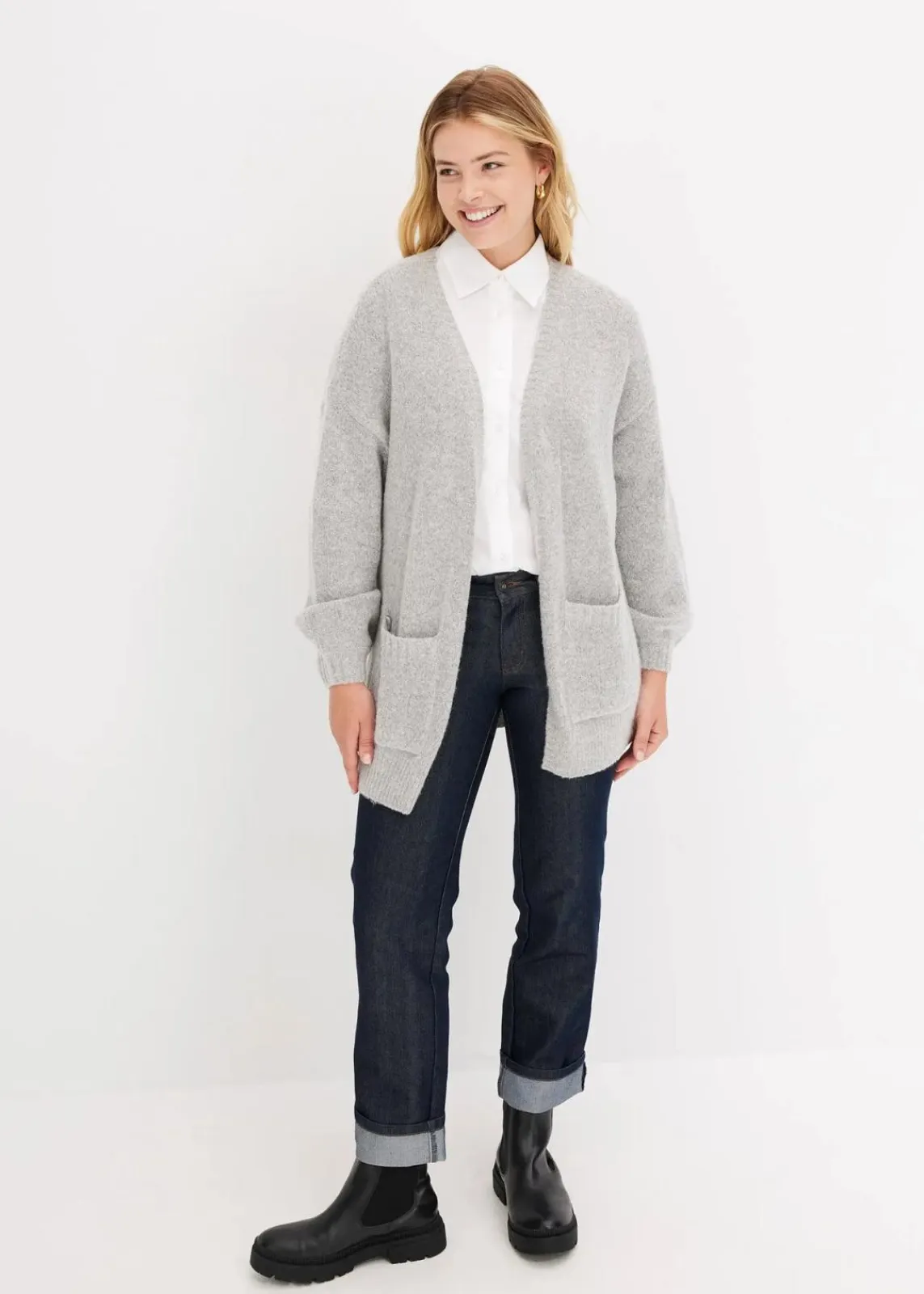 bonprix Bekleidung·Jeans|Pullover & Strickjacken^Oversize-Strickjacke hellgrau meliert