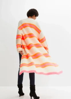 bonprix Bekleidung·Umstandsmode|Bekleidung·Jeans^Oversize-Strickmantel puderweiß/neonorange/pink quer gestreift
