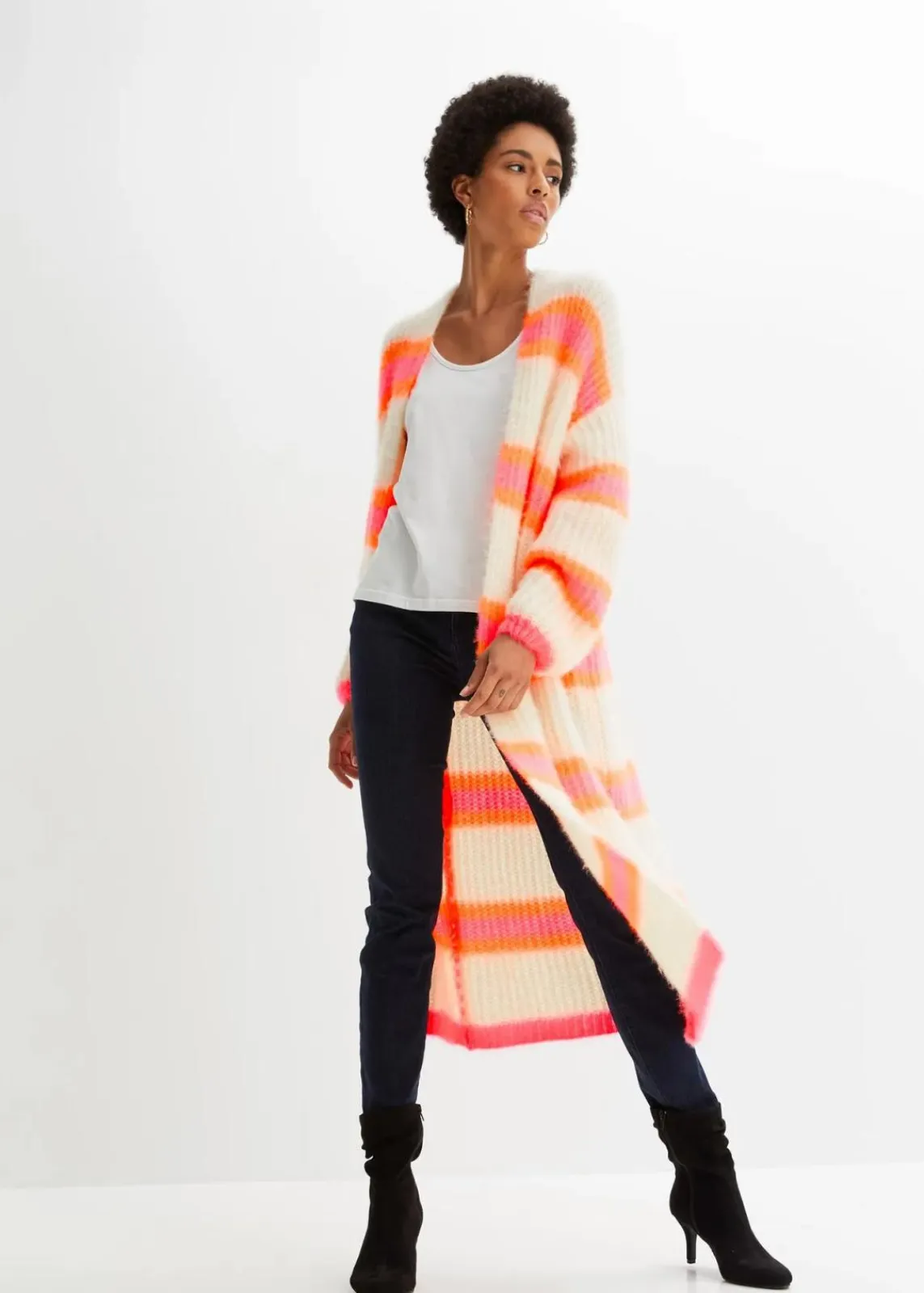 bonprix Bekleidung·Umstandsmode|Bekleidung·Jeans^Oversize-Strickmantel puderweiß/neonorange/pink quer gestreift
