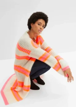 bonprix Bekleidung·Umstandsmode|Bekleidung·Jeans^Oversize-Strickmantel puderweiß/neonorange/pink quer gestreift