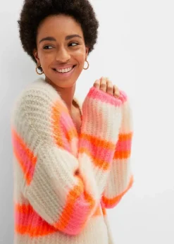 bonprix Bekleidung·Umstandsmode|Bekleidung·Jeans^Oversize-Strickmantel puderweiß/neonorange/pink quer gestreift