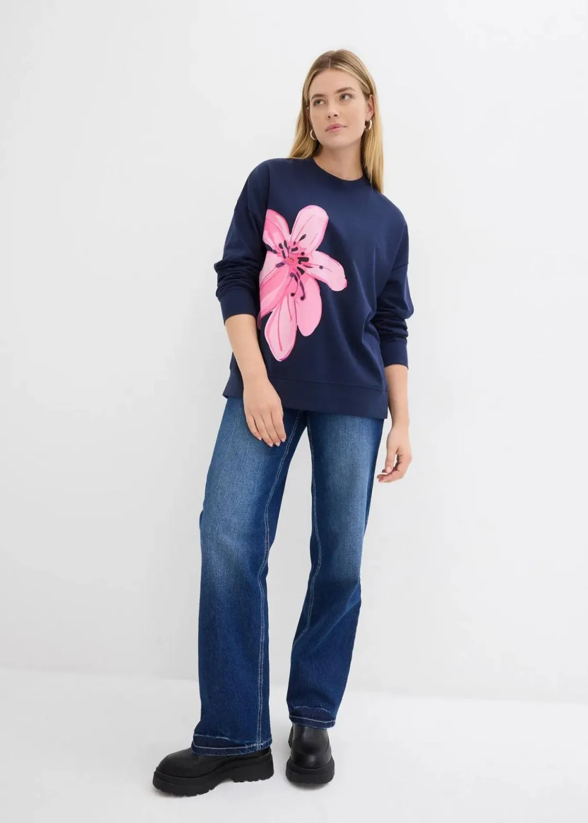 bonprix Bekleidung·Blusen & Tuniken|Sweat^Oversize-Sweatshirt dunkelblau bedruckt