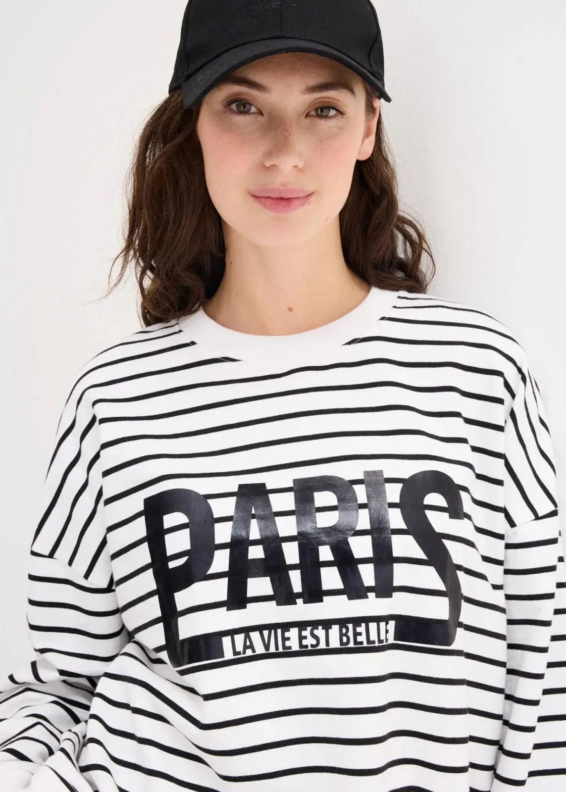 bonprix Bekleidung·Blusen & Tuniken|Sweat^Oversize-Sweatshirt aus Baumwoll-Mix weiß/schwarz gestreift