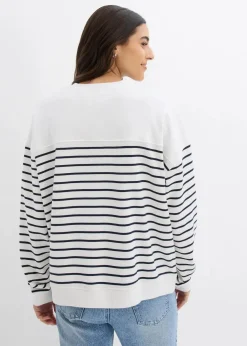 bonprix Sweat|Nachhaltigere Materialien^Oversize-Sweatshirt aus Baumwollmix wollweiß/dunkelblau gestreift