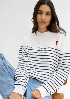 bonprix Sweat|Nachhaltigere Materialien^Oversize-Sweatshirt aus Baumwollmix wollweiß/dunkelblau gestreift