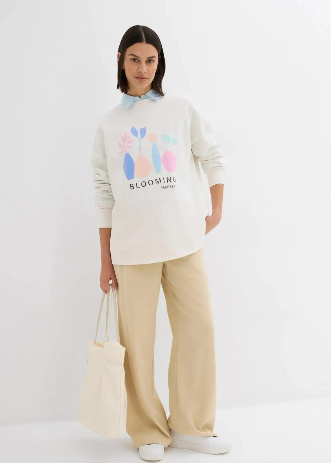 bonprix Bekleidung·Blusen & Tuniken|Sweat^Oversize-Sweatshirt aus Baumwoll-Mix wollweiß bedruckt