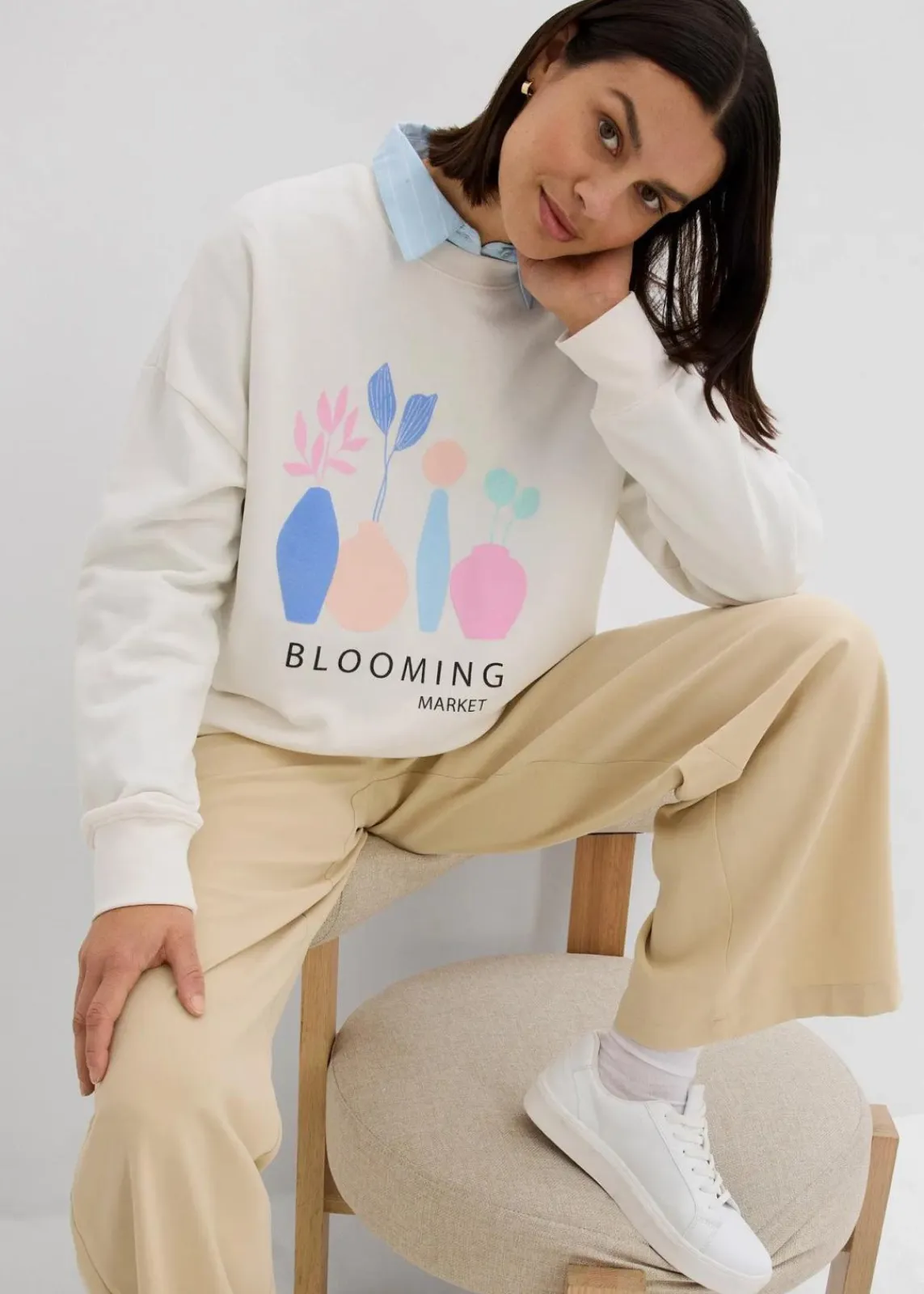 bonprix Bekleidung·Blusen & Tuniken|Sweat^Oversize-Sweatshirt aus Baumwoll-Mix wollweiß bedruckt