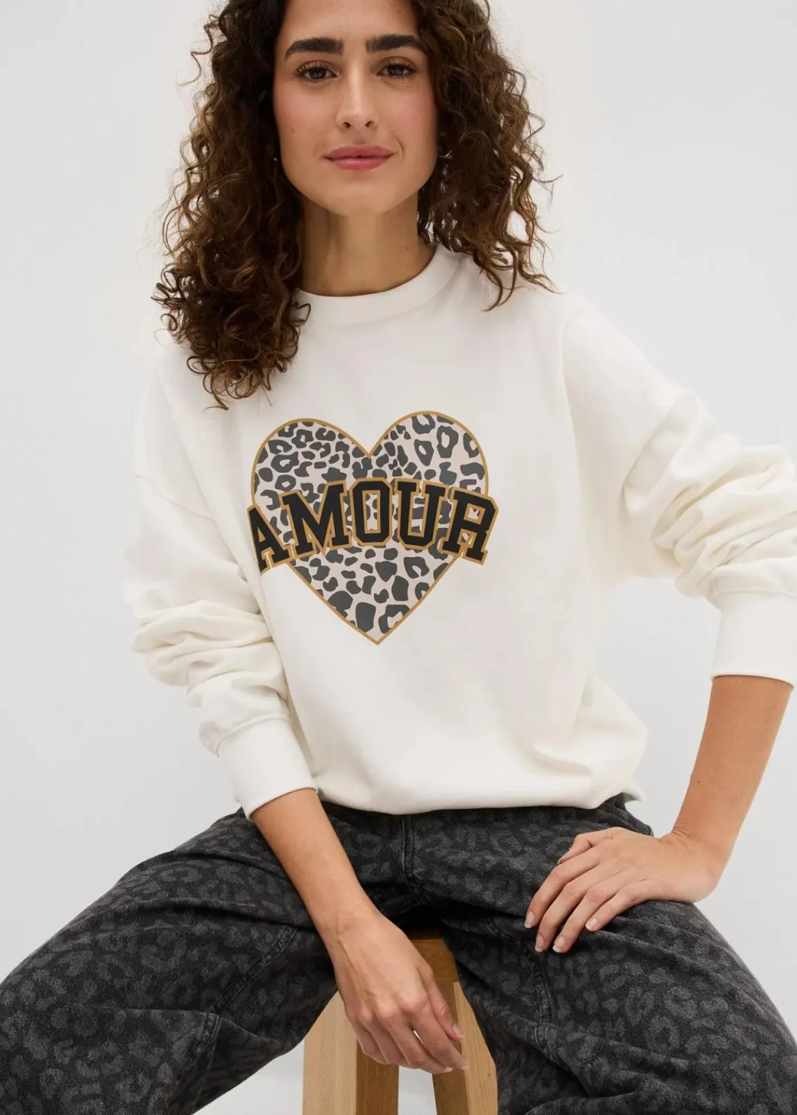 bonprix Bekleidung·Blusen & Tuniken|Sweat^Oversize-Sweatshirt aus Baumwoll-Mix wollweiß bedruckt