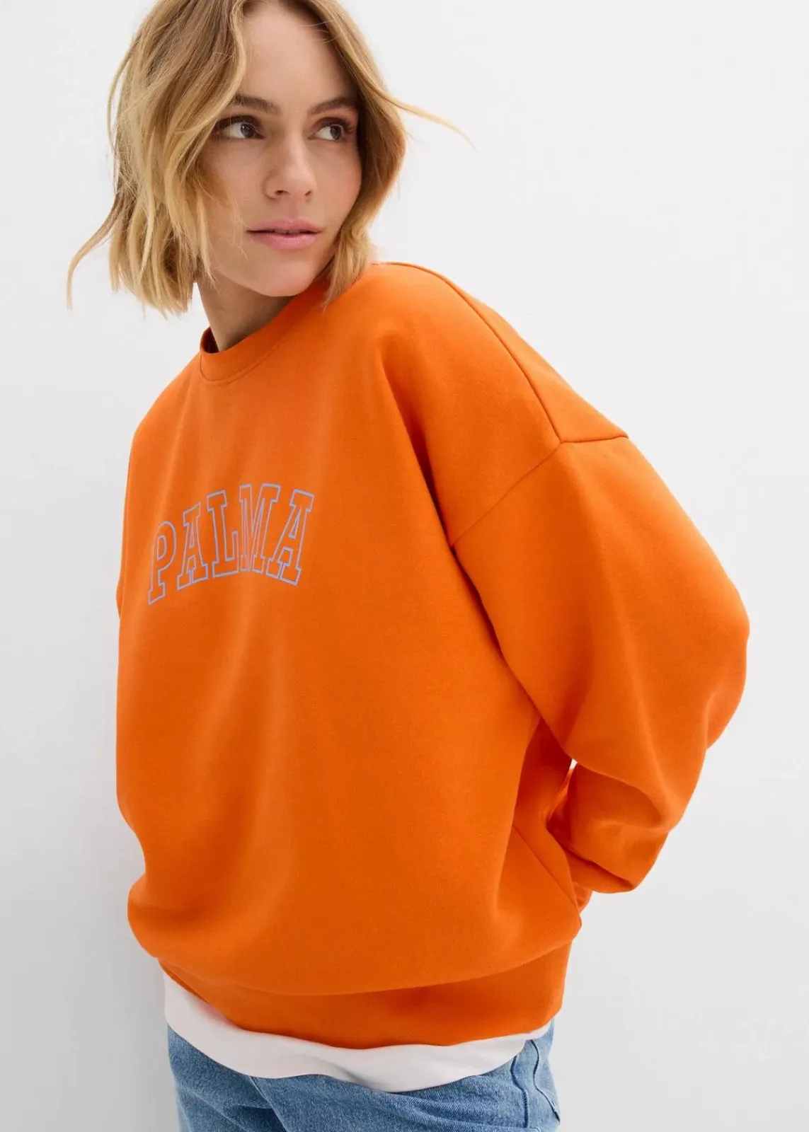 bonprix Bekleidung·Blusen & Tuniken|Sweat^Oversize-Sweatshirt aus Baumwoll-Mix dunkelorange/babyblau bedruckt