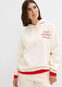 bonprix Sweat|Nachhaltigere Materialien^Oversize-Sweatshirt aus reiner Baumwolle naturbeige/salsarot bedruckt