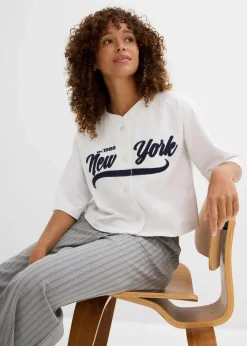 bonprix Bekleidung·Blusen & Tuniken|Sweat^Oversize-Sweatshirt aus weichem Baumwoll-Mix weiß/dunkelblau