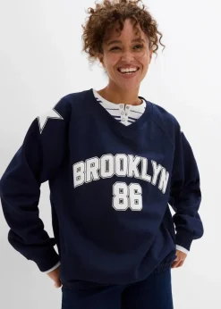 bonprix Bekleidung·Blusen & Tuniken|Sweat^Oversize-Sweatshirt aus weichem Baumwoll-Mix dunkelblau/weiß bedruckt
