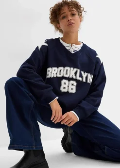 bonprix Bekleidung·Blusen & Tuniken|Sweat^Oversize-Sweatshirt aus weichem Baumwoll-Mix dunkelblau/weiß bedruckt