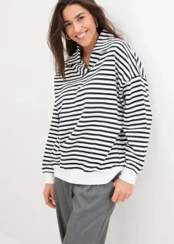 bonprix Bekleidung·Blusen & Tuniken|Nachhaltigere Materialien^Oversize-Sweatshirt mit V-Ausschnitt und Polokragen weiß/schwarz gestreift