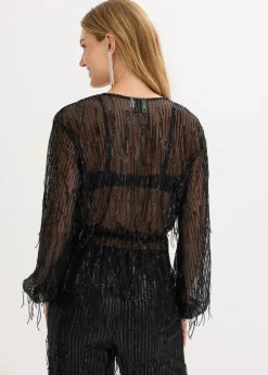 bonprix Bekleidung·Jacken & Mäntel|Blusen & Tuniken^Pailletten-Bluse mit Fransen schwarz