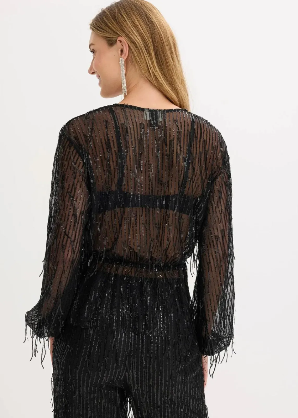 bonprix Bekleidung·Jacken & Mäntel|Blusen & Tuniken^Pailletten-Bluse mit Fransen schwarz