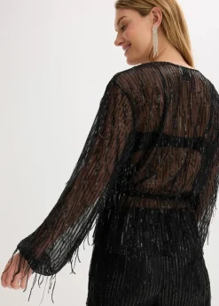 bonprix Bekleidung·Jacken & Mäntel|Blusen & Tuniken^Pailletten-Bluse mit Fransen schwarz