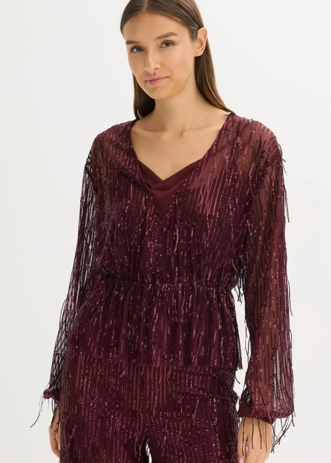 bonprix Blusen & Tuniken|Bekleidung·Jacken & Mäntel^Pailletten-Bluse mit Fransen weinrot