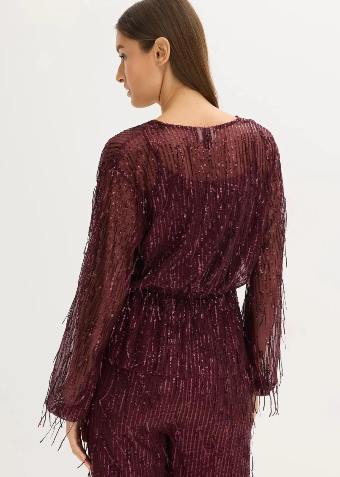 bonprix Blusen & Tuniken|Bekleidung·Jacken & Mäntel^Pailletten-Bluse mit Fransen weinrot