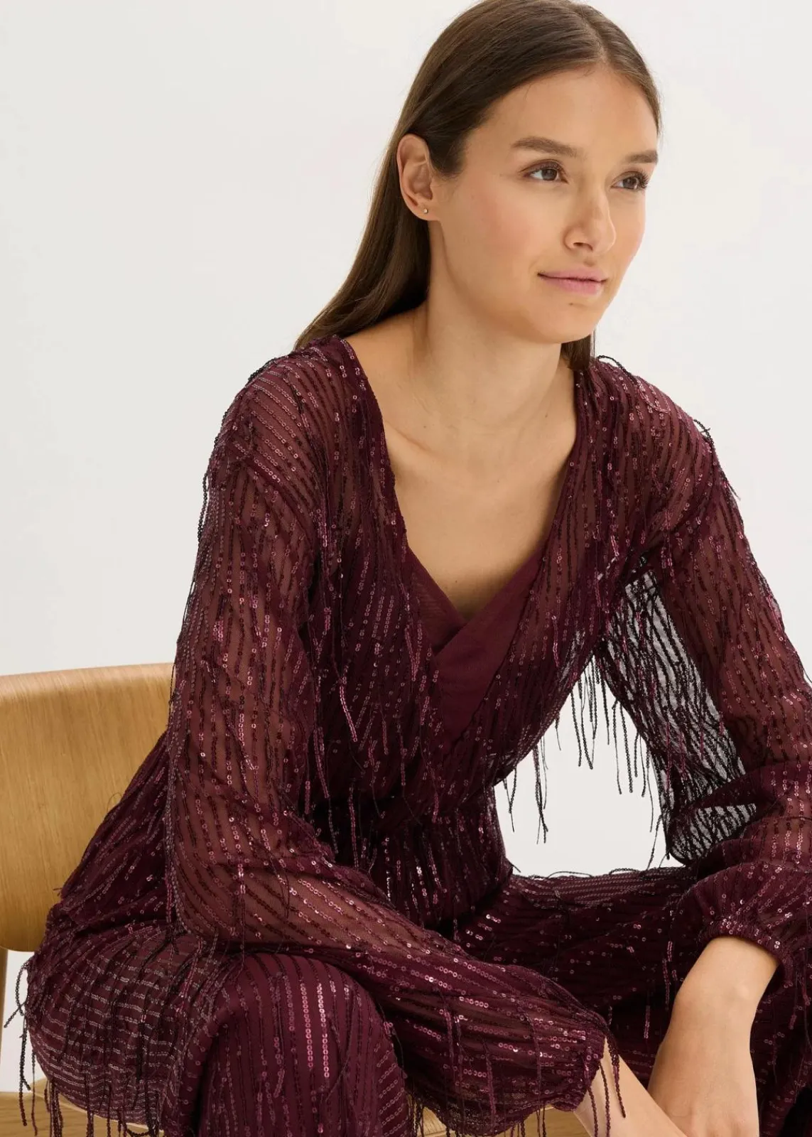bonprix Blusen & Tuniken|Bekleidung·Jacken & Mäntel^Pailletten-Bluse mit Fransen weinrot