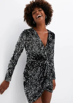 bonprix Kleider|Kurzgrößen^Paillettenkleid aus softem Samt schwarz