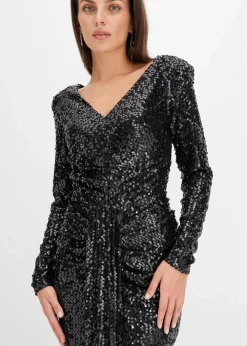 bonprix Kurzgrößen|Kurzgrößen^Paillettenkleid mit Drapierung schwarz
