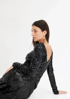 bonprix Kurzgrößen|Kurzgrößen^Paillettenkleid mit Drapierung schwarz