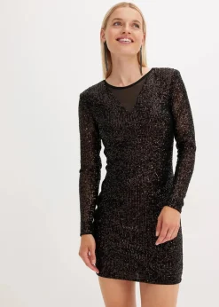 bonprix Bekleidung·Pullover & Strickjacken|Kleider^Paillettenkleid mit Schulterpolstern schwarz/kaffeebraun metallic