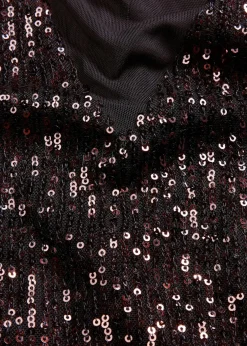 bonprix Bekleidung·Pullover & Strickjacken|Kleider^Paillettenkleid mit Schulterpolstern schwarz/kaffeebraun metallic