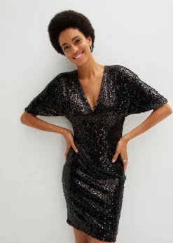 bonprix Kurzgrößen|Kurzgrößen^Paillettenkleid mit tiefem Ausschnitt schwarz