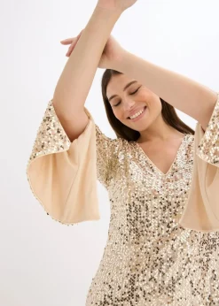 bonprix Kleider|Kurzgrößen^Paillettenkleid mit Trompeten-Ärmel gold beige