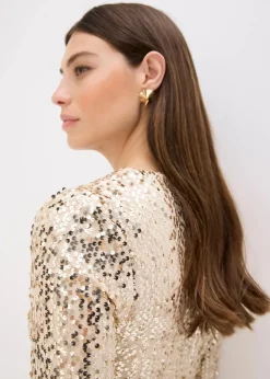 bonprix Kleider|Kurzgrößen^Paillettenkleid mit Trompeten-Ärmel gold beige