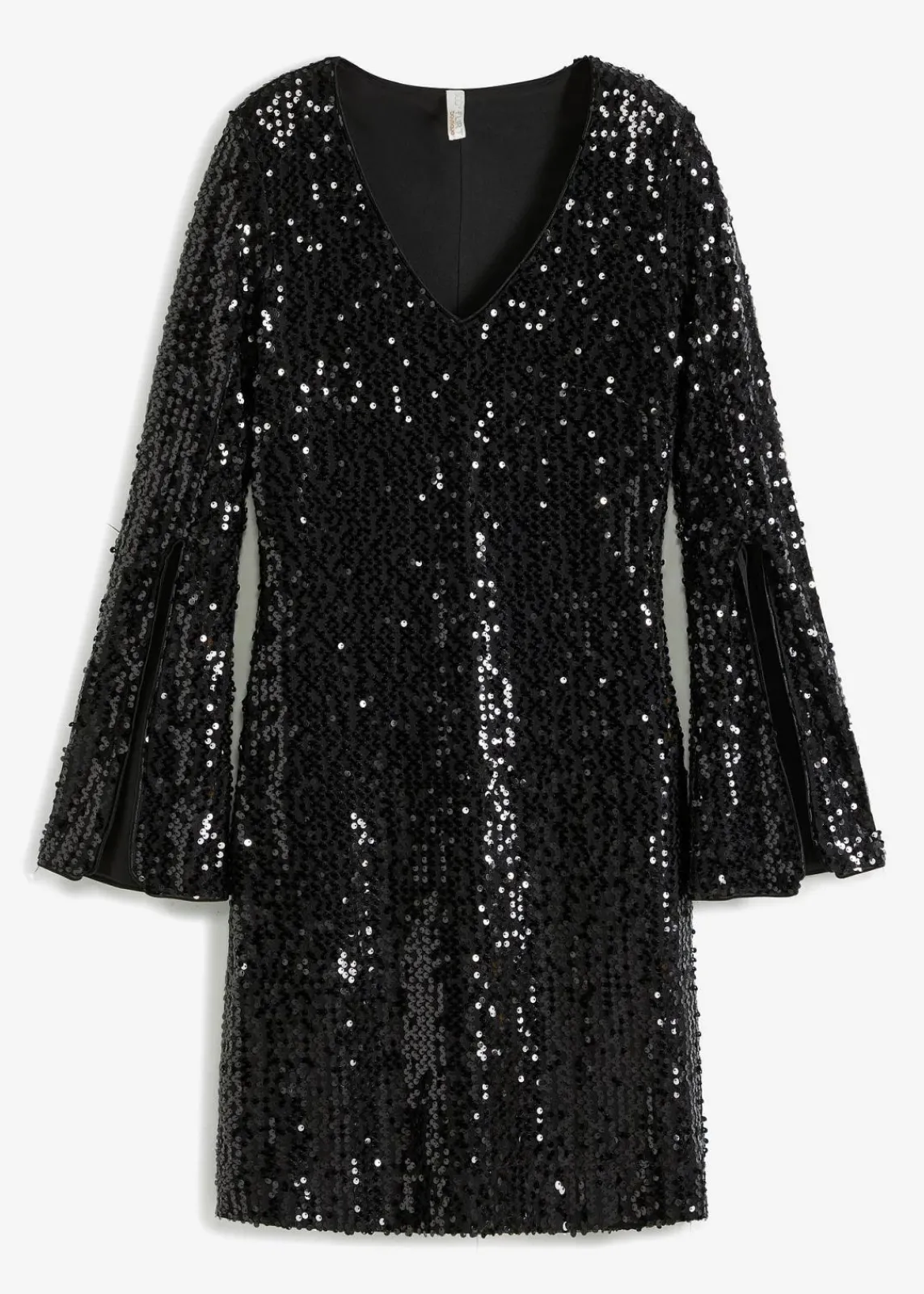 bonprix Kleider|Kurzgrößen^Paillettenkleid mit Trompeten-Ärmel schwarz